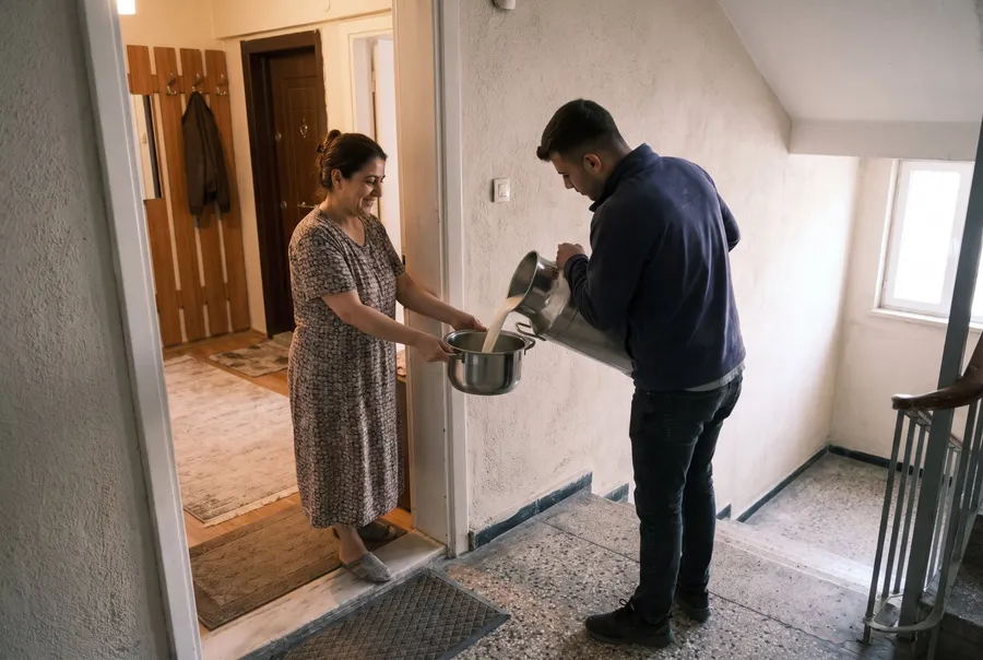 Apartman kapısında, sütçü güğümden müşterinin tenceresine taze süt dolduruyor