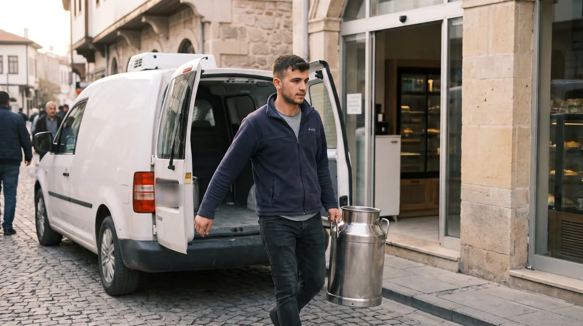 Konya'da sabah erken saatte soğutmalı VW Caddy'den pastaneye süt güğümü taşınıyor